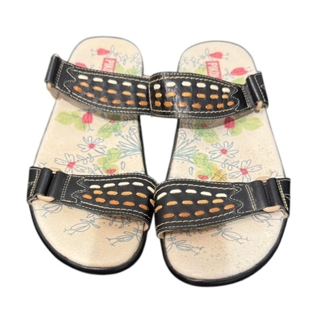 Pikolinos Women's Black Leather Floral Print Comfort Sandals Size 41